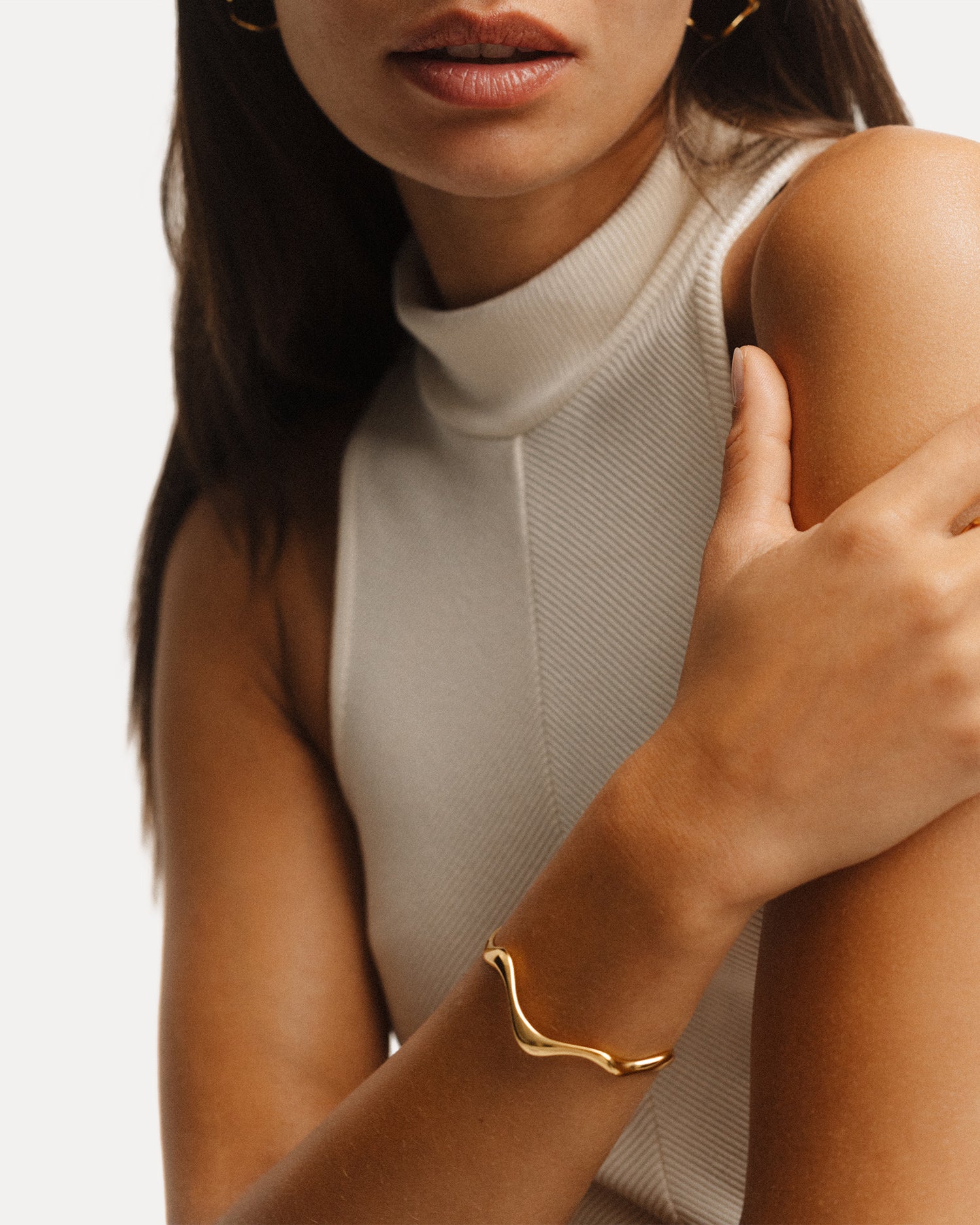 Poise Wave Cuff Bangle, recycled 18k Gold Vermeil, styled with gold jewelry - NATALIE GRASSI